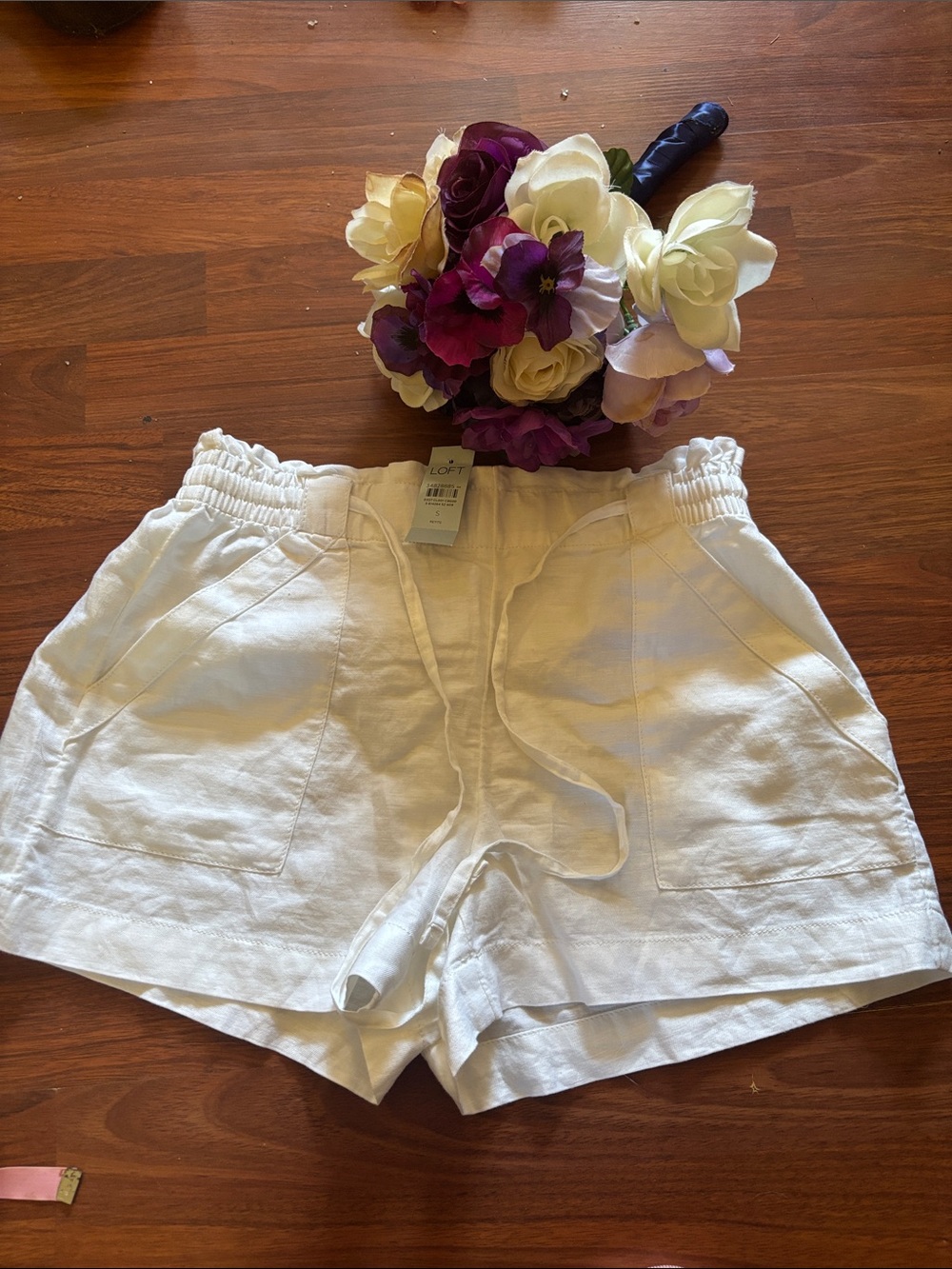 LOFT Cream High-Waist Drawstring Linen-Blend Shorts
